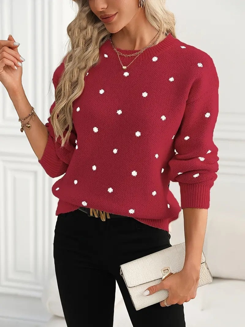 Pull fashion col rond à pois jacquard – manches longues