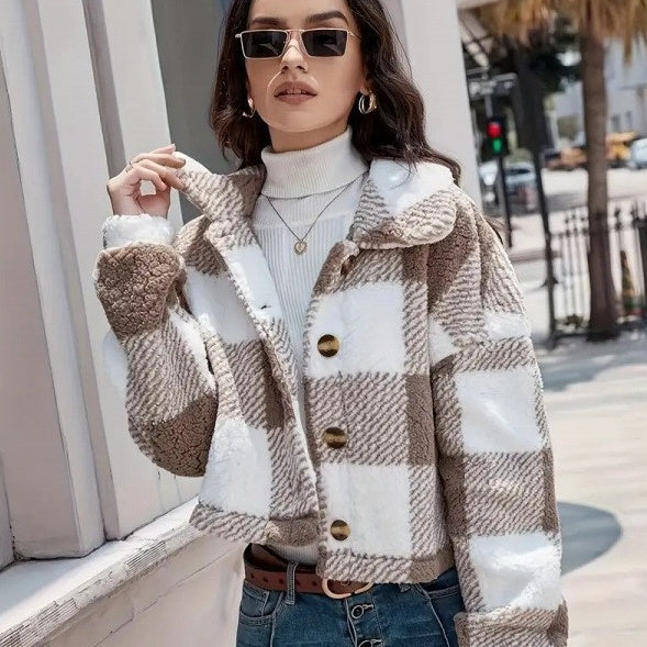 Gilet en peluche à carreaux et boutons, manteau chaud et décontracté