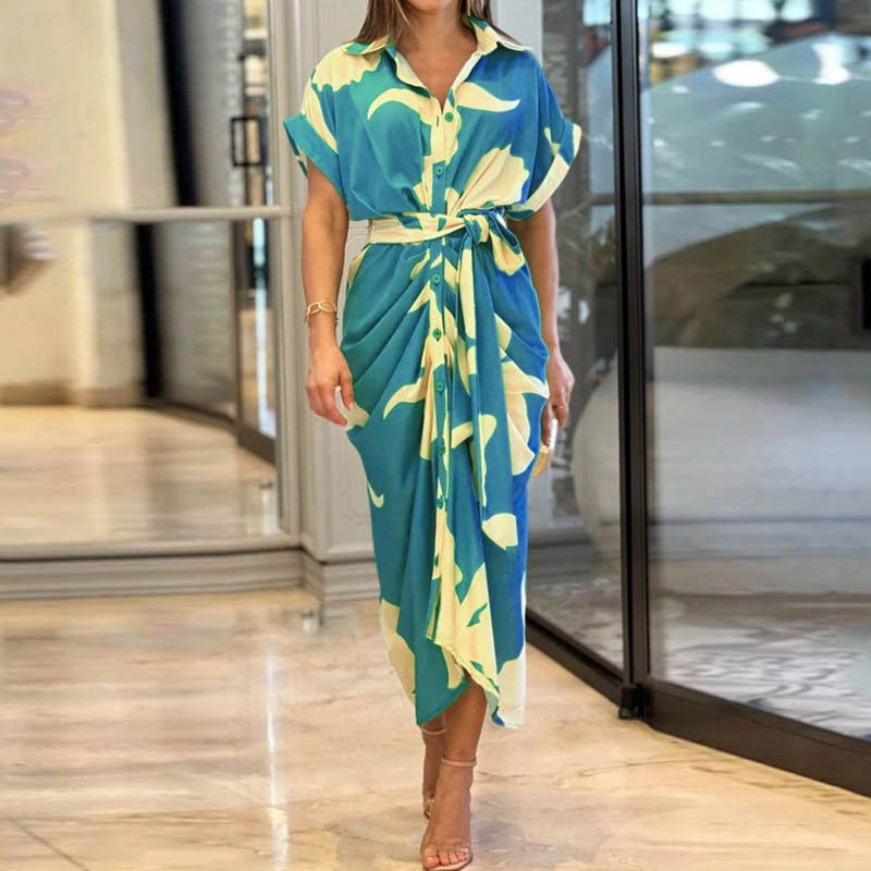 Robe chemisier midi drapée à nouer