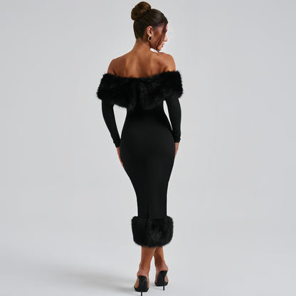 Robe élégante moulante à manches longues avec col en fourrure