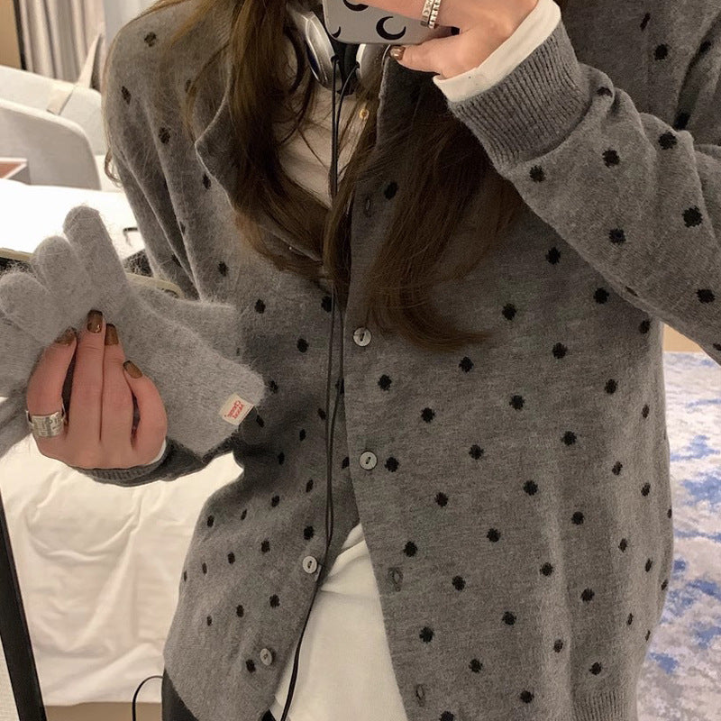 Cardigan Gris à Pois Manches Longues