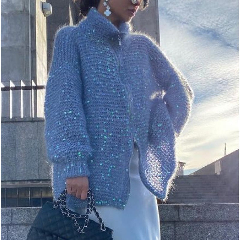 Manteau en maille style western chic avec détail sequins