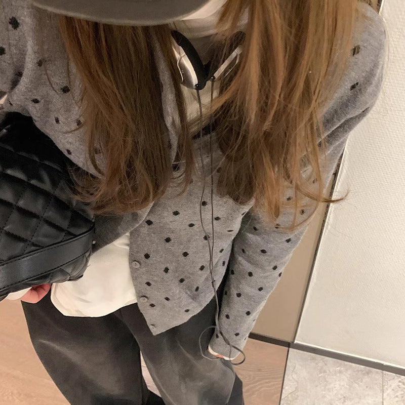 Cardigan Gris à Pois Manches Longues