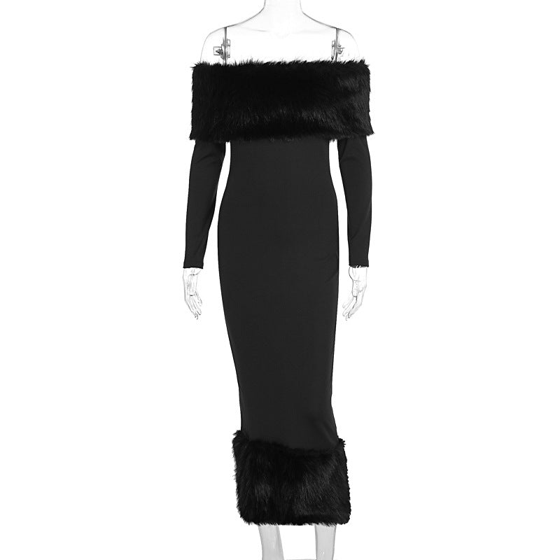 Robe élégante moulante à manches longues avec col en fourrure