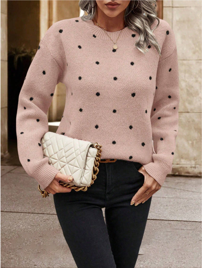 Pull fashion col rond à pois jacquard – manches longues