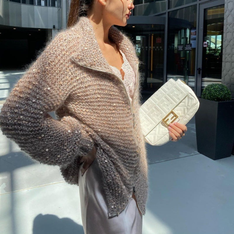 Manteau en maille style western chic avec détail sequins