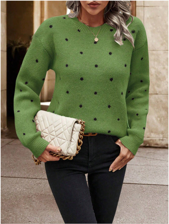 Pull fashion col rond à pois jacquard – manches longues