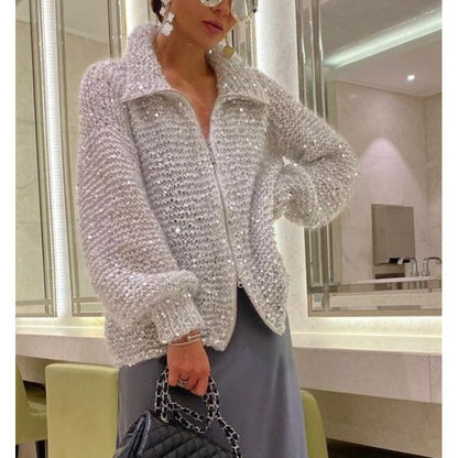 Manteau en maille style western chic avec détail sequins
