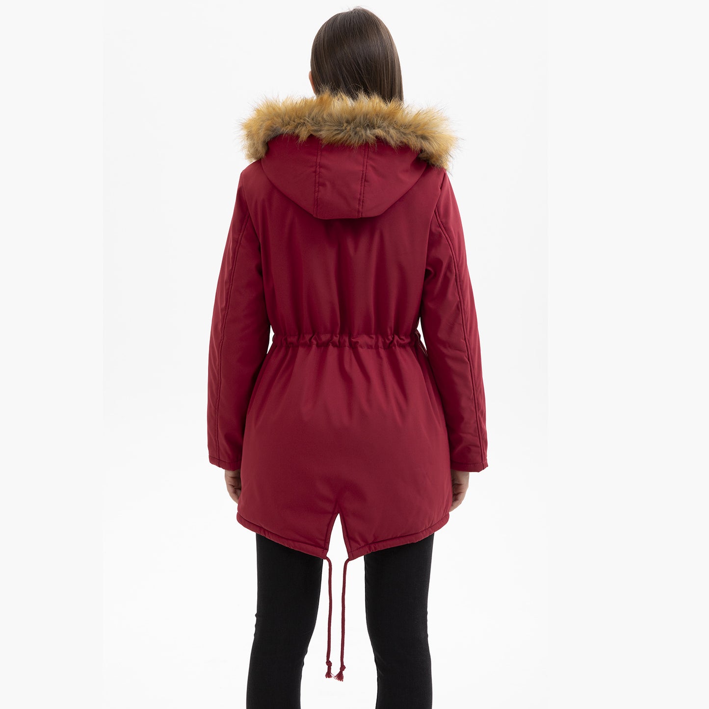 Manteau Femme Mi-Long Élégant à Capuche et Col Fourrure, Taille Cintrée