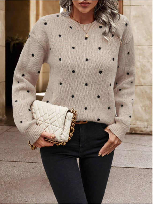 Pull fashion col rond à pois jacquard – manches longues