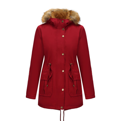 Manteau Femme Mi-Long Élégant à Capuche et Col Fourrure, Taille Cintrée